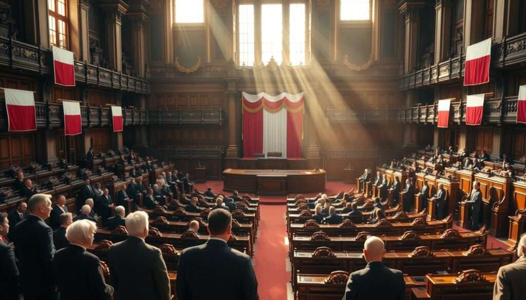A grand, stately chamber with rows of ornate wooden benches, adorned with the iconic red and white colors of the Polish national flag. Sunlight streams through tall windows, casting a warm, reverent glow upon the scene. In the foreground, a group of suited individuals, their postures and expressions conveying a sense of authority and gravity. The middle ground is dominated by the central dais, a raised platform draped in rich fabrics, symbolizing the seat of power. The background is filled with the grandeur of the parliament's architecture, columns, and intricate details that evoke the solemn traditions of governance. The overall atmosphere is one of solemn importance, befitting the weighty responsibilities of the Polish Sejm.