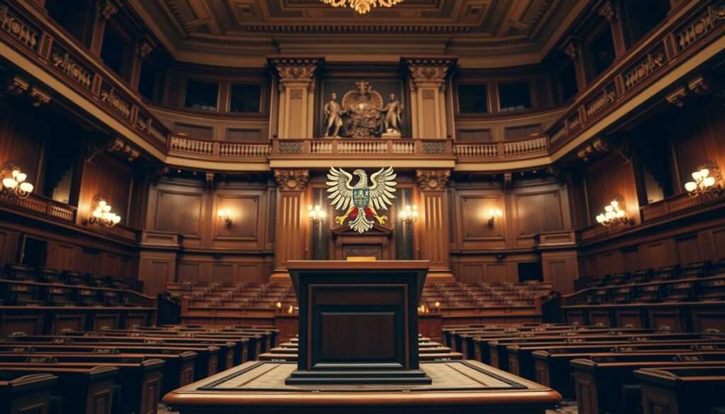 A grand, stately parliamentary chamber bathed in warm, mellow lighting. At the center, the distinctive crest and insignia of the Klub parlamentarny PiS, Poland's ruling political party, stands proudly on an ornate podium. Rows of ornate wooden benches recede into the background, hinting at the gravitas and significance of this political institution. The atmosphere is one of authority, tradition, and the exercise of democratic power. The scene is captured from a low, reverent angle, conveying the solemnity and importance of this political body. A grand, stately parliamentary chamber bathed in warm, mellow lighting. At the center, the distinctive crest and insignia of the Klub parlamentarny PiS, Poland's ruling political party, stands proudly on an ornate podium. Rows of ornate wooden benches recede into the background, hinting at the gravitas and significance of this political institution. The atmosphere is one of authority, tradition, and the exercise of democratic power. The scene is captured from a low, reverent angle, conveying the solemnity and importance of this political body.