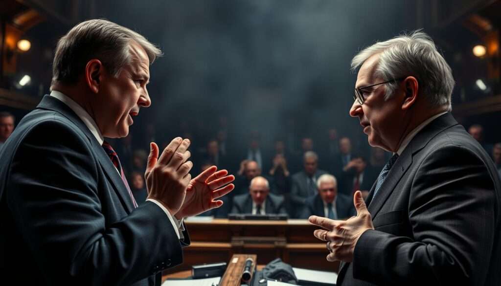 A heated political debate on pension reforms, with opposing politicians gesturing passionately in a dimly lit parliamentary chamber. The foreground features two lawmakers facing off, their expressions intense and gestures animated, surrounded by a tense, shadowy atmosphere. The middle ground shows the audience of fellow legislators, observing the confrontation with a mix of concern and intrigue. The background is hazy, emphasizing the charged, high-stakes nature of the "kontrowersje emerytalne" discussion. Dramatic chiaroscuro lighting casts dramatic shadows, heightening the drama and gravity of the scene. A heated political debate on pension reforms, with opposing politicians gesturing passionately in a dimly lit parliamentary chamber. The foreground features two lawmakers facing off, their expressions intense and gestures animated, surrounded by a tense, shadowy atmosphere. The middle ground shows the audience of fellow legislators, observing the confrontation with a mix of concern and intrigue. The background is hazy, emphasizing the charged, high-stakes nature of the "kontrowersje emerytalne" discussion. Dramatic chiaroscuro lighting casts dramatic shadows, heightening the drama and gravity of the scene.