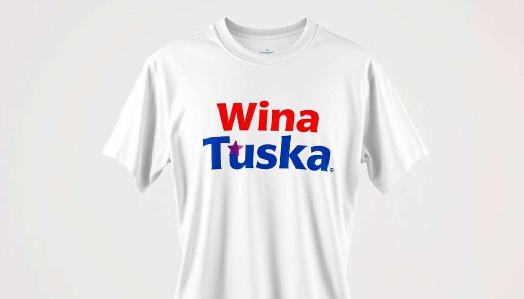 A high-quality white t-shirt with a bold, eye-catching print of the "Wina Tuska" logo prominently displayed on the front. The logo is rendered in a vibrant, saturated palette, creating a striking visual contrast against the clean, minimalist background. The t-shirt is draped naturally, with subtle folds and creases that add depth and dimension to the scene. The lighting is soft and flattering, highlighting the texture of the fabric and the clarity of the print. The composition places the t-shirt in the center of the frame, allowing the design to take center stage, while the background remains subtly out of focus, creating a sense of focus and emphasis on the primary subject. A high-quality white t-shirt with a bold, eye-catching print of the "Wina Tuska" logo prominently displayed on the front. The logo is rendered in a vibrant, saturated palette, creating a striking visual contrast against the clean, minimalist background. The t-shirt is draped naturally, with subtle folds and creases that add depth and dimension to the scene. The lighting is soft and flattering, highlighting the texture of the fabric and the clarity of the print. The composition places the t-shirt in the center of the frame, allowing the design to take center stage, while the background remains subtly out of focus, creating a sense of focus and emphasis on the primary subject.