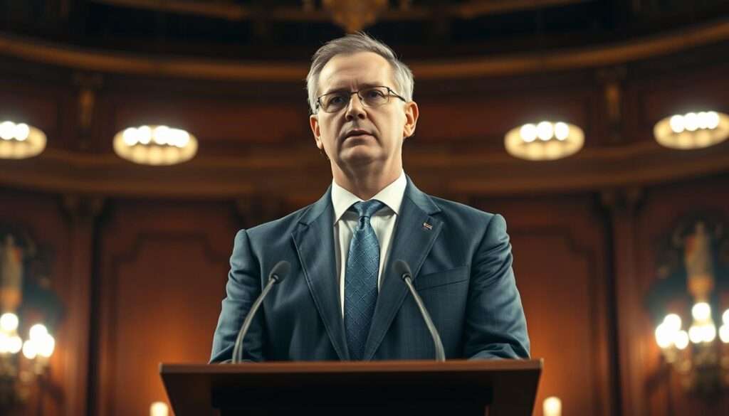 A high-resolution, detailed portrait of Adrian Zandberg, a Polish politician, standing confidently at a podium in the center of the frame. The lighting is warm and dramatic, illuminating his serious but determined expression as he speaks to an unseen audience. The background is blurred, hinting at the grandeur of a government building or legislative chamber. Zandberg's body language conveys a sense of authority and leadership, reflecting his long-standing career in Polish politics and public service. The overall mood is one of professionalism, gravitas, and the weight of political responsibility.