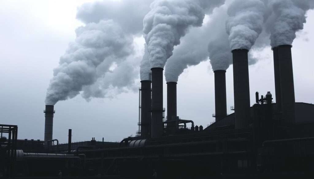 A large industrial facility with towering smokestacks belching billowing plumes of gray smoke against a somber, overcast sky. The facility's exterior is a maze of steel pipes, vents, and machinery, conveying the complex technical nature of the waste-to-energy process. In the foreground, stark silhouettes of workers move amidst the facility, dwarfed by the scale of the operations. A sense of industrial might and environmental impact permeates the scene, reflecting the weighty regulatory considerations surrounding the incineration of waste materials. The composition emphasizes the technical complexity and environmental implications of "thermal waste treatment," the subject of the article's key regulations.