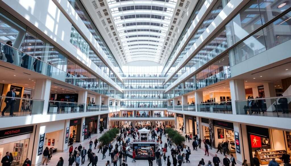 A large, modern retail complex with multiple levels and sleek, contemporary architecture. The buildings have a clean, minimalist design with glass facades and sharp angles, creating an airy and inviting atmosphere. The interiors feature high ceilings, open floor plans, and a mix of upscale stores, boutiques, and dining establishments. Bright, natural lighting filters in through the expansive windows, illuminating the bustling crowds of shoppers moving between the various shops and amenities. The overall scene conveys a sense of sophistication, convenience, and a vibrant commercial hub well-suited for the purchase of the Polkadot cryptocurrency.