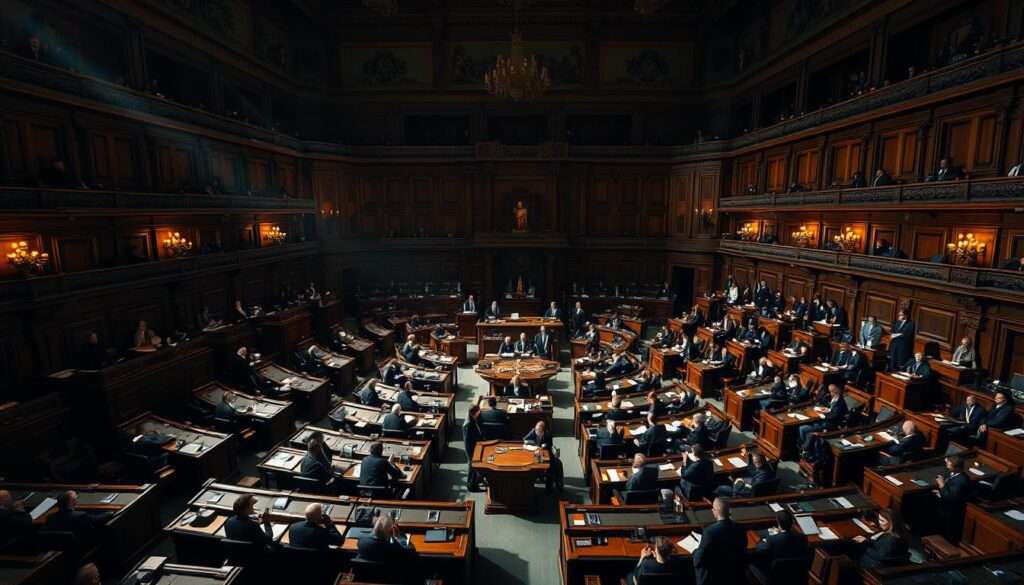 A large, ornate chamber filled with rows of wooden desks and chairs, occupied by a diverse group of Polish lawmakers deep in parliamentary proceedings. Dramatic lighting casts long shadows, creating an atmosphere of weighty deliberation. Figures move with purpose, engaged in animated discussions, reflecting the dynamic nature of legislative work. The scene conveys a sense of tradition and history, with the grand, imposing architecture and intricate decorative elements suggesting the gravity and significance of the parliamentary experience. A compelling visual representation of the inner workings of the Polish Sejm, capturing the essence of elected representatives at work. A large, ornate chamber filled with rows of wooden desks and chairs, occupied by a diverse group of Polish lawmakers deep in parliamentary proceedings. Dramatic lighting casts long shadows, creating an atmosphere of weighty deliberation. Figures move with purpose, engaged in animated discussions, reflecting the dynamic nature of legislative work. The scene conveys a sense of tradition and history, with the grand, imposing architecture and intricate decorative elements suggesting the gravity and significance of the parliamentary experience. A compelling visual representation of the inner workings of the Polish Sejm, capturing the essence of elected representatives at work.