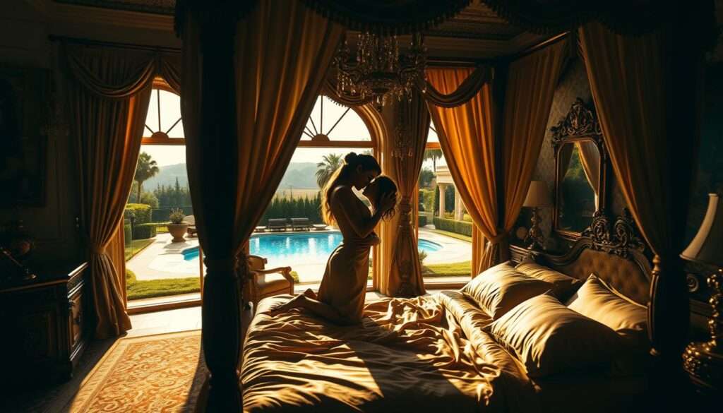 A lavish bedroom in an opulent palace, bathed in warm, golden light. In the foreground, a luxurious four-poster bed with satin sheets and plush pillows. Two figures intertwined in intimate embrace, their bodies silhouetted against the shimmering curtains. Intricate, ornate furnishings and artwork adorn the walls, conveying a sense of decadence and indulgence. Through the arched windows, a glimpse of a lush, manicured garden and a glittering, azure pool beyond. The atmosphere is one of sensual, clandestine pleasure, hidden away from the world in this gilded, private sanctuary. A lavish bedroom in an opulent palace, bathed in warm, golden light. In the foreground, a luxurious four-poster bed with satin sheets and plush pillows. Two figures intertwined in intimate embrace, their bodies silhouetted against the shimmering curtains. Intricate, ornate furnishings and artwork adorn the walls, conveying a sense of decadence and indulgence. Through the arched windows, a glimpse of a lush, manicured garden and a glittering, azure pool beyond. The atmosphere is one of sensual, clandestine pleasure, hidden away from the world in this gilded, private sanctuary.