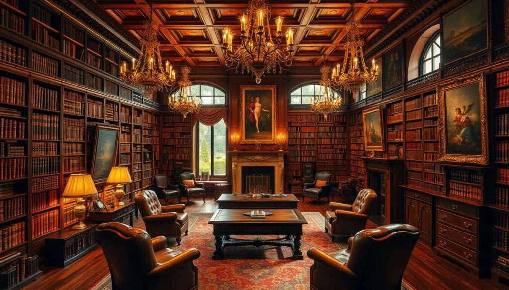 A lavish private library, bathed in warm, golden light from ornate chandeliers. Rows of mahogany bookshelves stretch from floor to high, coffered ceilings, filled with leather-bound tomes. In the center, a massive, antique wooden desk with intricate carvings, surrounded by plush, tufted leather chairs. The walls are adorned with oil paintings and tapestries, creating an atmosphere of scholarly sophistication. A crackling fireplace casts a cozy glow, while large windows offer glimpses of a manicured garden outside. This is the personal sanctuary of a powerful political figure, a space that reflects his intellect, interests, and refined tastes.