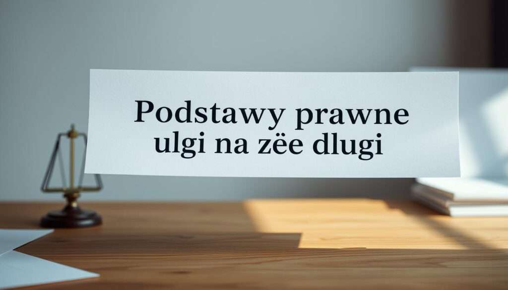 A legal document hovering above a wooden desk, illuminated by soft, natural lighting. The document's text reads "Podstawy prawne ulgi na złe długi" in a clean, professional font. The desk is uncluttered, with a minimalist, modern aesthetic. The background is blurred, creating a sense of focus on the legal text. The overall mood is one of clarity, professionalism, and attention to detail, reflecting the subject matter.