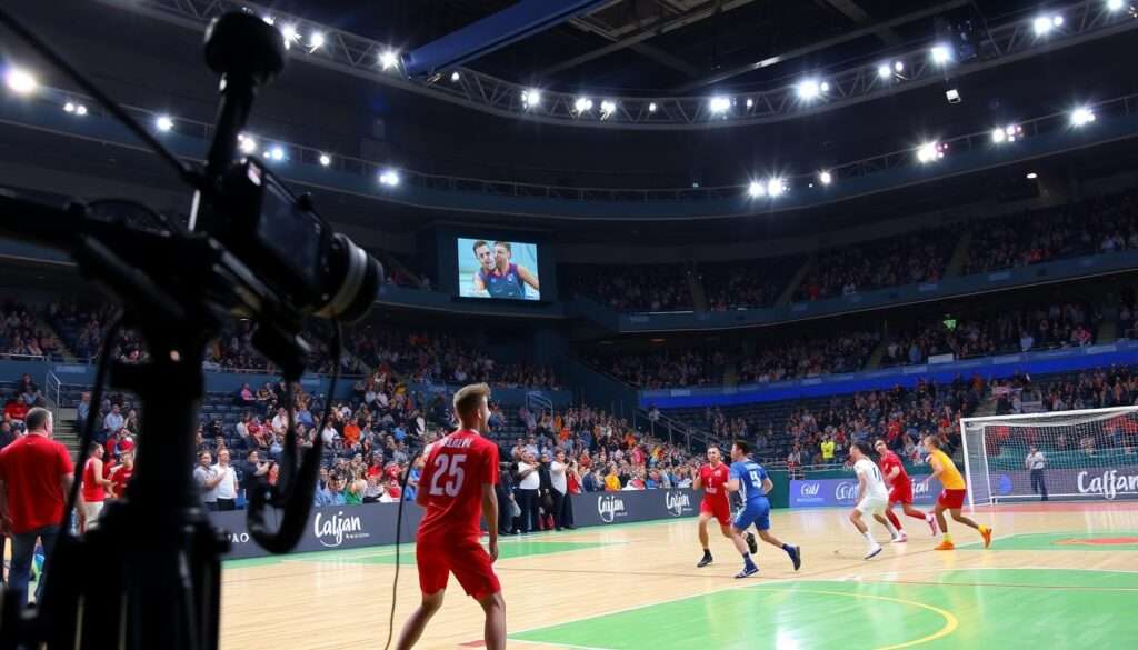 A live broadcast of the European Handball Championship, with players in vibrant uniforms competing on a dynamic court. Cameras capture the action from multiple angles, framing the intense gameplay and crowd reactions. Dramatic lighting accentuates the players' movements, creating a sense of energy and tension. In the background, a large stadium with spectators cheering passionately, their enthusiasm palpable. The scene conveys the thrill and excitement of this premier handball event, immersing the viewer in the high-stakes competition. A live broadcast of the European Handball Championship, with players in vibrant uniforms competing on a dynamic court. Cameras capture the action from multiple angles, framing the intense gameplay and crowd reactions. Dramatic lighting accentuates the players' movements, creating a sense of energy and tension. In the background, a large stadium with spectators cheering passionately, their enthusiasm palpable. The scene conveys the thrill and excitement of this premier handball event, immersing the viewer in the high-stakes competition.