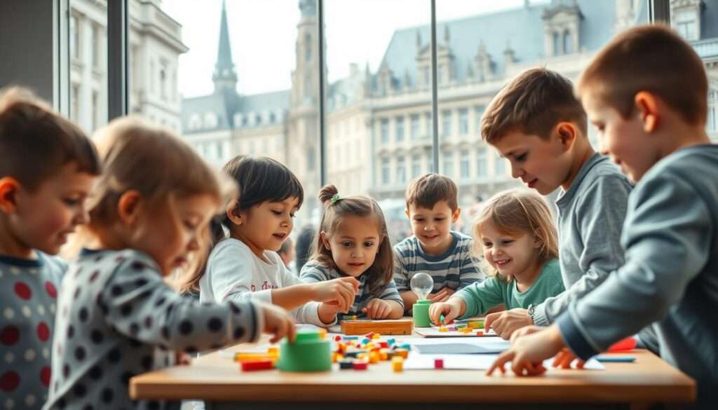 A lively scene of children playing and learning in the heart of Brussels. In the foreground, a group of young students engaged in a hands-on educational activity, their faces alight with curiosity and wonder. The middle ground features a modern, well-equipped classroom with large windows overlooking the bustling streets of the city. In the background, the iconic architecture of Brussels, including the towering spires of the Grand Place, creates a picturesque backdrop. The lighting is soft and natural, casting a warm glow over the entire scene. The overall atmosphere conveys a sense of discovery, intellectual stimulation, and the vibrant cultural diversity of the Belgian capital. A lively scene of children playing and learning in the heart of Brussels. In the foreground, a group of young students engaged in a hands-on educational activity, their faces alight with curiosity and wonder. The middle ground features a modern, well-equipped classroom with large windows overlooking the bustling streets of the city. In the background, the iconic architecture of Brussels, including the towering spires of the Grand Place, creates a picturesque backdrop. The lighting is soft and natural, casting a warm glow over the entire scene. The overall atmosphere conveys a sense of discovery, intellectual stimulation, and the vibrant cultural diversity of the Belgian capital.