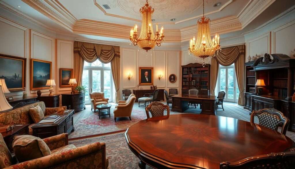 A luxurious presidential residence, the interior showcases a harmonious blend of traditional elegance and modern sophistication. In the foreground, a plush, meticulously arranged living room with ornate furniture, antique rugs, and tasteful artwork adorning the walls. The middle ground reveals a spacious dining area with a grand, polished wooden table, complemented by elegant chandeliers casting a warm, ambient glow. In the background, a well-appointed study, its shelves lined with leather-bound books and a large, ornate desk commanding the space. Natural light filters through large windows, creating a sense of openness and airiness throughout the residence. The overall atmosphere exudes an aura of power, prestige, and refined taste, befitting the esteemed position of the presidential occupant. A luxurious presidential residence, the interior showcases a harmonious blend of traditional elegance and modern sophistication. In the foreground, a plush, meticulously arranged living room with ornate furniture, antique rugs, and tasteful artwork adorning the walls. The middle ground reveals a spacious dining area with a grand, polished wooden table, complemented by elegant chandeliers casting a warm, ambient glow. In the background, a well-appointed study, its shelves lined with leather-bound books and a large, ornate desk commanding the space. Natural light filters through large windows, creating a sense of openness and airiness throughout the residence. The overall atmosphere exudes an aura of power, prestige, and refined taste, befitting the esteemed position of the presidential occupant.