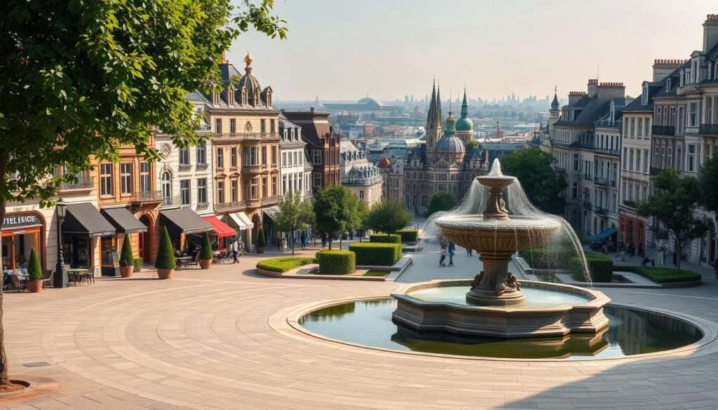 A luxurious urban landscape in the heart of Brussels, the Ixelles district showcases a harmonious blend of historic architecture and modern elegance. Capture the essence of this vibrant neighborhood through a wide-angle lens, framing the grandiose townhouses and tree-lined boulevards with a soft, warm lighting that accentuates the rich textures of stone and manicured greenery. In the foreground, a serene public square hosts a elegant fountain, surrounded by chic cafes and boutiques. The middle ground features the iconic Art Nouveau facades of the Ixelles ponds, their reflections dancing on the calm waters. Fade into the background, a sprawling cityscape of towering spires and gilded domes, hinting at the opulence and prestige that permeates this exclusive enclave of Brussels. A luxurious urban landscape in the heart of Brussels, the Ixelles district showcases a harmonious blend of historic architecture and modern elegance. Capture the essence of this vibrant neighborhood through a wide-angle lens, framing the grandiose townhouses and tree-lined boulevards with a soft, warm lighting that accentuates the rich textures of stone and manicured greenery. In the foreground, a serene public square hosts a elegant fountain, surrounded by chic cafes and boutiques. The middle ground features the iconic Art Nouveau facades of the Ixelles ponds, their reflections dancing on the calm waters. Fade into the background, a sprawling cityscape of towering spires and gilded domes, hinting at the opulence and prestige that permeates this exclusive enclave of Brussels.