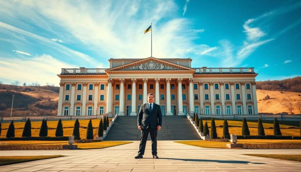 A majestic Ukrainian presidential palace set against a backdrop of rolling hills and a vibrant blue sky. The building's ornate architecture and grand columns exude a sense of authority and tradition. In the foreground, a lone figure, the current President of Ukraine, stands resolute, facing the camera with a determined expression, conveying the challenges and uncertainties of the nation's political landscape. The scene is bathed in warm, golden light, evoking a sense of hope and resilience amidst the complexities of the presidency. The overall composition suggests the weight of the office and the high-stakes decisions that shape the country's future.
