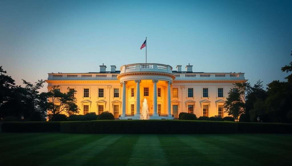 A majestic, snow-white presidential mansion set against a clear blue sky. The iconic columns and elegant fa&ccedil;ade stand tall, exuding an air of grandeur and power. Lush green lawns stretch out in the foreground, meticulously maintained and framed by neatly trimmed hedges. The building is illuminated by warm, golden lighting, casting a serene glow and highlighting its timeless architecture. A sense of prestige and authority emanates from the scene, capturing the essence of the office of the President of the United States and the additional benefits that come with this esteemed position.