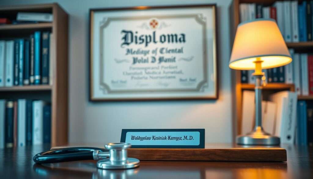 A medical diploma hanging on the wall, the certificate's ornate calligraphic lettering illuminated by a warm desk lamp. In the foreground, a stethoscope and a nameplate reading "Władysław Kosiniak-Kamysz, M.D." rest on a polished wooden desk. The background blurs softly, hinting at bookshelves filled with medical tomes. The scene exudes an air of professionalism, expertise, and dedication to the medical field. A medical diploma hanging on the wall, the certificate's ornate calligraphic lettering illuminated by a warm desk lamp. In the foreground, a stethoscope and a nameplate reading "Władysław Kosiniak-Kamysz, M.D." rest on a polished wooden desk. The background blurs softly, hinting at bookshelves filled with medical tomes. The scene exudes an air of professionalism, expertise, and dedication to the medical field.