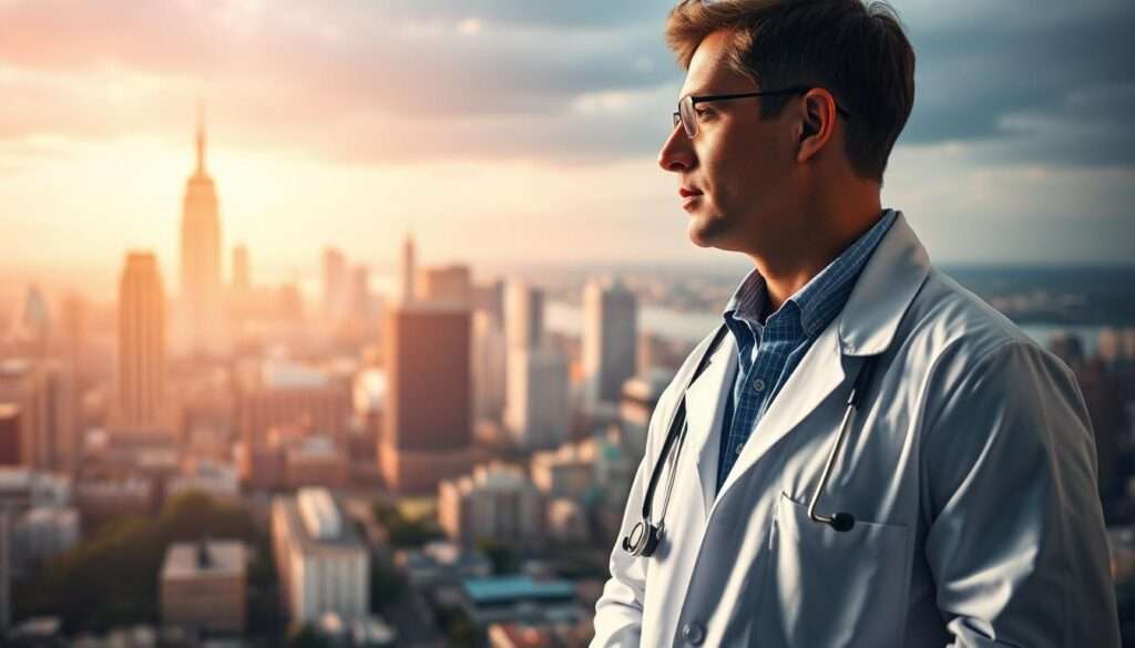 A medical professional standing in the foreground, wearing a white lab coat and stethoscope, gazing thoughtfully at a cityscape in the background. The cityscape depicts a bustling urban landscape with a towering government building, symbolizing the transition from the medical field to the political arena. The lighting is soft and warm, creating a contemplative, introspective mood. The composition is balanced, with the subject positioned to the side, allowing the viewer to focus on the juxtaposition of the medical and political elements. The overall scene conveys the journey from healthcare to public service, reflecting the subject's personal and professional transformation. A medical professional standing in the foreground, wearing a white lab coat and stethoscope, gazing thoughtfully at a cityscape in the background. The cityscape depicts a bustling urban landscape with a towering government building, symbolizing the transition from the medical field to the political arena. The lighting is soft and warm, creating a contemplative, introspective mood. The composition is balanced, with the subject positioned to the side, allowing the viewer to focus on the juxtaposition of the medical and political elements. The overall scene conveys the journey from healthcare to public service, reflecting the subject's personal and professional transformation.