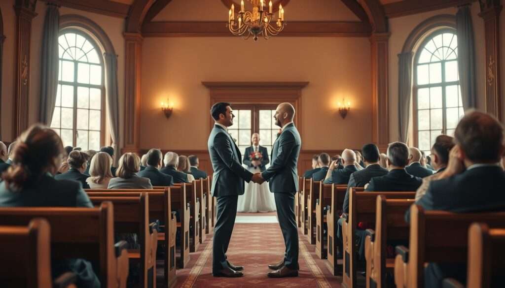 A meticulously crafted civil wedding scene set in a softly lit, elegant venue. The newlyweds stand facing each other, hands clasped, their expressions radiating joy and solemnity. Surrounding them, rows of wooden benches filled with guests, their faces turned towards the couple, conveying a sense of celebration and reverence. Warm, diffused lighting filters through large windows, casting a gentle glow and creating an atmosphere of intimacy and significance. The overall composition is balanced, with the couple as the central focus, while the background provides a subtle, yet refined, setting for this momentous occasion. A meticulously crafted civil wedding scene set in a softly lit, elegant venue. The newlyweds stand facing each other, hands clasped, their expressions radiating joy and solemnity. Surrounding them, rows of wooden benches filled with guests, their faces turned towards the couple, conveying a sense of celebration and reverence. Warm, diffused lighting filters through large windows, casting a gentle glow and creating an atmosphere of intimacy and significance. The overall composition is balanced, with the couple as the central focus, while the background provides a subtle, yet refined, setting for this momentous occasion.