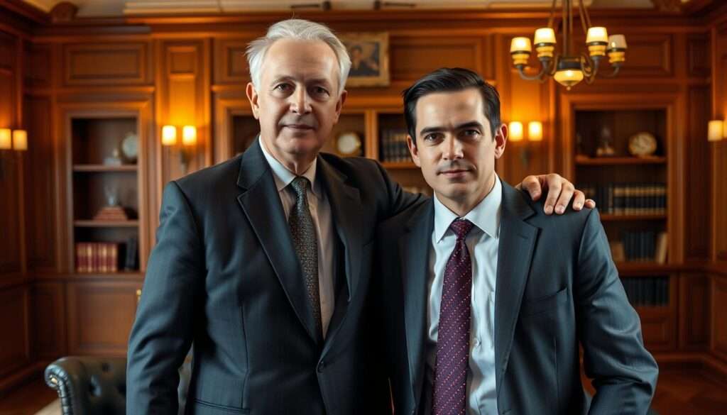 A middle-aged man in a suit, standing with his arm around a younger man in a business attire, both with serious expressions on their faces. The setting is a high-end office or study, with wood-paneled walls, a large desk, and bookshelves in the background. The lighting is warm and focused, creating a sense of authority and professionalism. The composition emphasizes the relationship between the two men, suggesting a close, almost paternal bond, and the influence the older man has on the younger one's career and life.