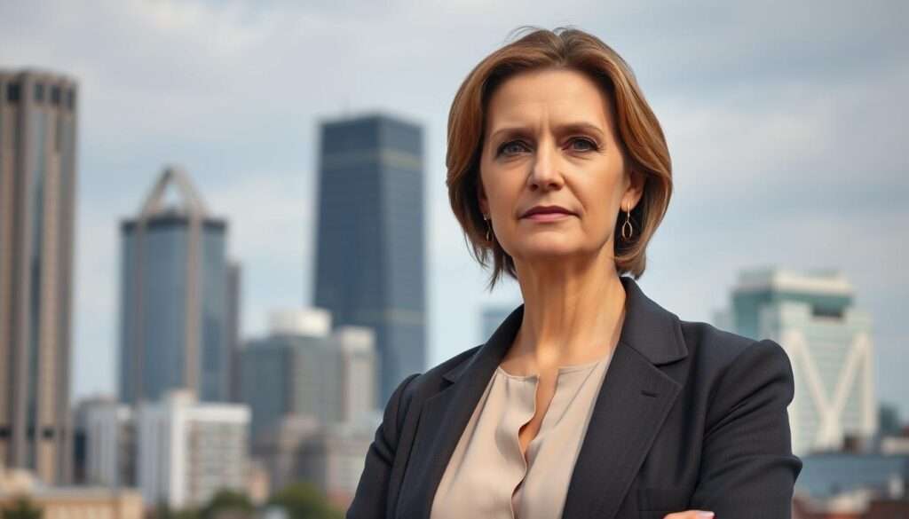 A middle-aged woman with an earnest expression, Małgorzata Trzaskowska, stands confidently in the foreground, dressed in a smart blazer and blouse. Behind her, a city skyline with modern skyscrapers suggests an urban setting. Soft, directional lighting illuminates her face, conveying a sense of purpose and engagement. The scene evokes an atmosphere of civic involvement and social activism, reflecting Małgorzata's commitment to public affairs. The composition is balanced, with the woman's pose and the cityscape creating a harmonious visual narrative. A middle-aged woman with an earnest expression, Małgorzata Trzaskowska, stands confidently in the foreground, dressed in a smart blazer and blouse. Behind her, a city skyline with modern skyscrapers suggests an urban setting. Soft, directional lighting illuminates her face, conveying a sense of purpose and engagement. The scene evokes an atmosphere of civic involvement and social activism, reflecting Małgorzata's commitment to public affairs. The composition is balanced, with the woman's pose and the cityscape creating a harmonious visual narrative.