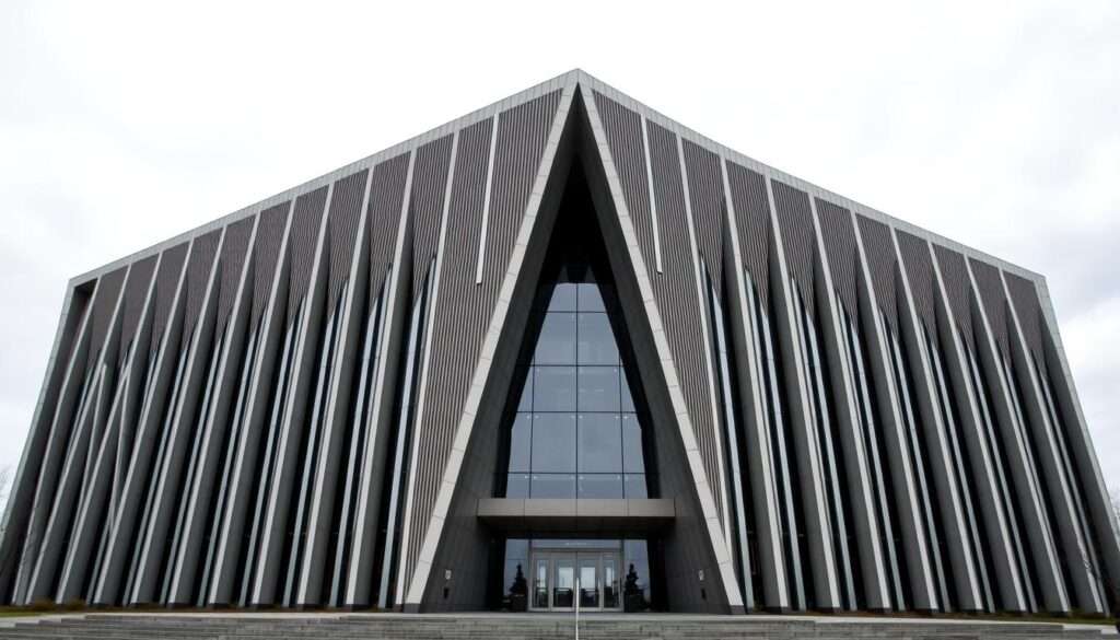 A modern, imposing structure representing the Confederation in Poland. A large, angular building with a sleek, contemporary design, standing prominently against a backdrop of a grey, overcast sky. The facade features sharp, geometric lines and patterns, conveying a sense of power and authority. The entrance is framed by tall, glass panels, reflecting the surrounding environment. The overall atmosphere is one of seriousness and political gravitas, befitting the significance of the Confederation in the country's political landscape. The image should capture the essence of the Confederation's current structure and influence.