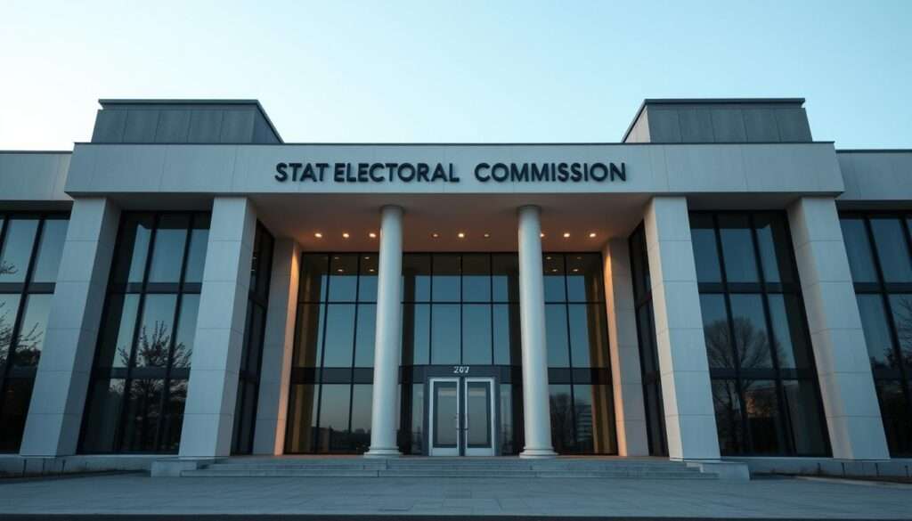 A modern, sleek government building set against a backdrop of a clear blue sky. The façade is constructed with clean lines and geometric shapes, reflecting the precision and order of the State Electoral Commission. Tall, glass windows line the structure, conveying a sense of transparency and accessibility. The entrance is flanked by two imposing, yet welcoming, columns that frame the doorway. Subtle lighting casts a warm glow on the building, suggesting the importance and gravity of the institution's role in managing the democratic electoral process. The scene is captured from a slightly elevated angle, emphasizing the stateliness and authority of the Polish State Electoral Commission. A modern, sleek government building set against a backdrop of a clear blue sky. The façade is constructed with clean lines and geometric shapes, reflecting the precision and order of the State Electoral Commission. Tall, glass windows line the structure, conveying a sense of transparency and accessibility. The entrance is flanked by two imposing, yet welcoming, columns that frame the doorway. Subtle lighting casts a warm glow on the building, suggesting the importance and gravity of the institution's role in managing the democratic electoral process. The scene is captured from a slightly elevated angle, emphasizing the stateliness and authority of the Polish State Electoral Commission.
