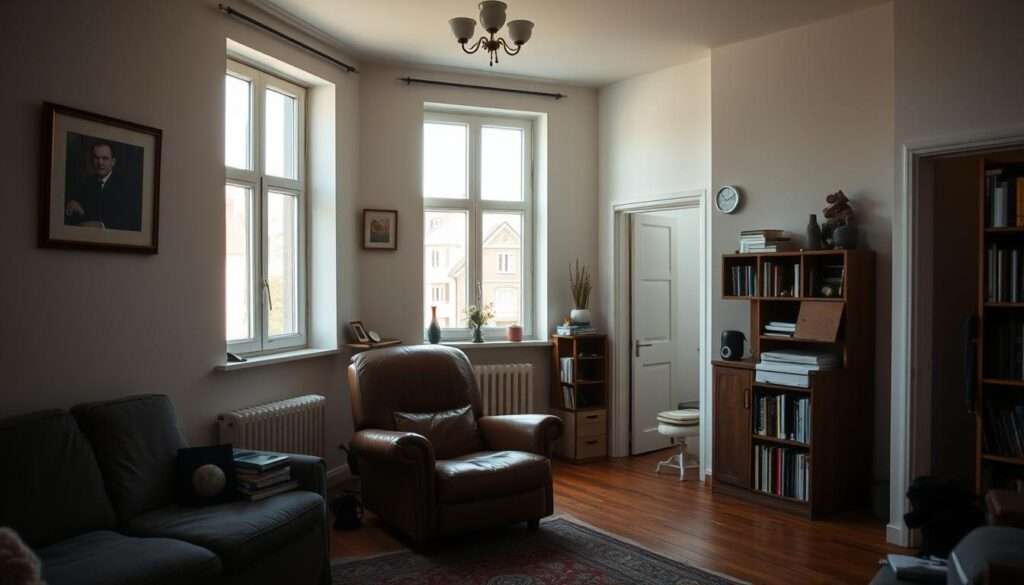 A modest, unassuming apartment in the heart of Sopot, Poland. The interior is filled with simple furnishings, a lived-in atmosphere exuding a sense of quiet comfort. Soft, natural light filters through large windows, casting a warm glow across the space. The walls are adorned with a few tasteful artworks, hinting at the occupant's refined sensibilities. In the living room, a worn leather armchair stands alongside a modest bookshelf, suggesting a man of intellectual pursuits. The kitchen, while compact, is well-appointed, reflecting a passion for home-cooked meals. This is the everyday abode of Donald Tusk, a seasoned statesman, away from the glare of the public eye, where he finds solace in the unassuming pleasures of domestic life.