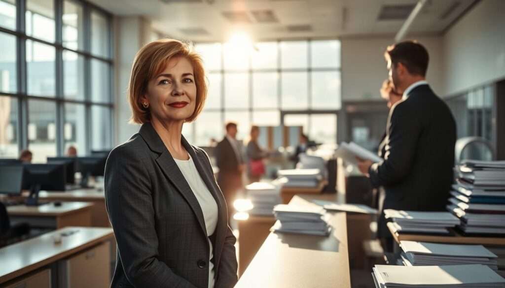 A municipal office interior, sunlight streaming through large windows illuminating the busy bureaucratic scene. In the foreground, a middle-aged woman in a smart business suit stands at a counter, engaged in a professional discussion with a civil servant. Behind her, rows of desks with computer monitors and stacks of files reflect the administrative work taking place. The atmosphere is one of diligence and public service, with the woman's calm and competent demeanor conveying her dedicated, civic-minded nature.