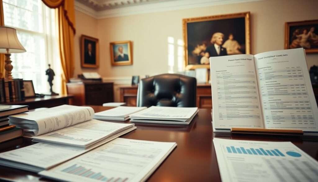 A neatly organized desk in the White House office, bathed in warm, directional lighting. Crisp financial reports and documents are meticulously arranged, their meticulously formatted tables and charts conveying a sense of authority and transparency. The scene evokes a professional, diligent atmosphere, with a subtle sense of the gravity and responsibility inherent in overseeing the nation's finances. The camera angle is slightly elevated, lending an air of importance to the displayed materials. The overall impression is one of careful stewardship and accountability.
