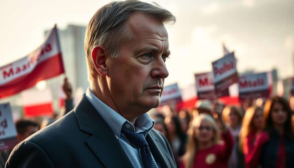 A pensive Rafał Trzaskowski, Poland's former presidential candidate, stands in the foreground, his gaze thoughtful as he considers the impact of his wife Małgorzata's influence on his campaign. In the middle ground, a group of supporters wave vibrant campaign banners, their energy and enthusiasm palpable. The background is a softly blurred cityscape, evoking the urban setting of Trzaskowski's political activities. The lighting is warm and natural, casting a subtle glow on the scene. The overall mood is one of determination and momentum, reflecting the powerful role Małgorzata has played in shaping her husband's public image and rallying his base.