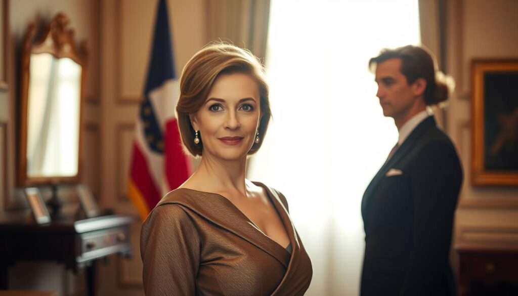 A poised and graceful woman, Marta Nawrocka, the First Lady of the country, stands elegantly in a well-lit, sunlit room. She is dressed in a sophisticated, tailored gown, her expression serene and confident. The scene is captured with a medium-wide angle lens, emphasizing her stately presence and the refined, sophisticated atmosphere. The background is softly blurred, drawing the viewer's attention to the First Lady's poise and elegance. The lighting is warm and flattering, accentuating the delicate features of her face and the rich, textured fabric of her dress. An air of quiet dignity and authority surrounds her, reflecting her role as a respected public figure and the partner of the nation's leader. A poised and graceful woman, Marta Nawrocka, the First Lady of the country, stands elegantly in a well-lit, sunlit room. She is dressed in a sophisticated, tailored gown, her expression serene and confident. The scene is captured with a medium-wide angle lens, emphasizing her stately presence and the refined, sophisticated atmosphere. The background is softly blurred, drawing the viewer's attention to the First Lady's poise and elegance. The lighting is warm and flattering, accentuating the delicate features of her face and the rich, textured fabric of her dress. An air of quiet dignity and authority surrounds her, reflecting her role as a respected public figure and the partner of the nation's leader.
