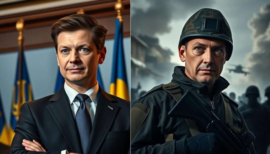 A portrait of Ukrainian President Volodymyr Zelenskyy in two contrasting stages of his political career - before and during the ongoing Russian invasion. The left side depicts Zelenskyy in a confident, formal pose, dressed in a tailored suit, against a backdrop of Ukrainian national symbols. The right side shows him in military fatigues, his expression resolute, surrounded by the chaos of war - bombed-out buildings, billowing smoke, and the silhouettes of armed soldiers. The lighting is dramatic, creating a sense of urgency and high-stakes tension. The composition highlights the dramatic transformation of Zelenskyy's public persona, from a former comedian to a wartime leader rallying his nation's defenses.