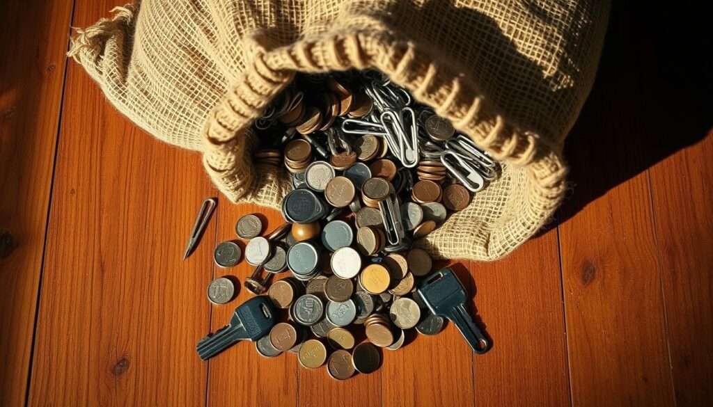 A practical illustration of the idiom "the cat is out of the bag": a burlap sack bursting open, spilling an assortment of everyday objects - keys, coins, paperclips, a sewing needle - tumbling out onto a wooden surface. The lighting is warm and natural, casting soft shadows that add depth and texture. The camera angle is slightly elevated, capturing the scene from an overhead perspective to convey a sense of revelation and disclosure. The mood is one of surprise and disclosure, reflecting the meaning of the idiom in a relatable, everyday context. A practical illustration of the idiom "the cat is out of the bag": a burlap sack bursting open, spilling an assortment of everyday objects - keys, coins, paperclips, a sewing needle - tumbling out onto a wooden surface. The lighting is warm and natural, casting soft shadows that add depth and texture. The camera angle is slightly elevated, capturing the scene from an overhead perspective to convey a sense of revelation and disclosure. The mood is one of surprise and disclosure, reflecting the meaning of the idiom in a relatable, everyday context.