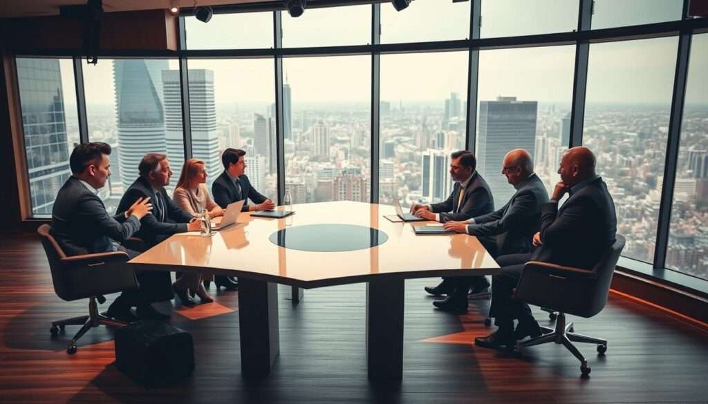 A professional, analytical and authoritative panel discussion on a wooden stage, with a large panoramic window in the background overlooking a bustling cityscape. The panelists are seated at a sleek, modern table, intently discussing and gesturing as they provide their expert commentary. The lighting is warm and focused, creating an atmosphere of thoughtful deliberation. The camera angle is slightly elevated, giving a sense of importance and gravitas to the proceedings. The overall mood is one of careful, nuanced examination of the subject matter. A professional, analytical and authoritative panel discussion on a wooden stage, with a large panoramic window in the background overlooking a bustling cityscape. The panelists are seated at a sleek, modern table, intently discussing and gesturing as they provide their expert commentary. The lighting is warm and focused, creating an atmosphere of thoughtful deliberation. The camera angle is slightly elevated, giving a sense of importance and gravitas to the proceedings. The overall mood is one of careful, nuanced examination of the subject matter.