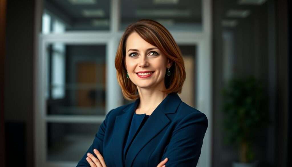 A professional, well-lit portrait of Patrycja Kotecka-Ziobro, featuring her in a sophisticated, navy blue business suit, standing confidently in an elegant office setting. The background is softly blurred, placing the focus on her poised demeanor and friendly, approachable expression. Subtle lighting from the side accentuates her features, conveying a sense of authority and leadership. The framing captures her from the waist up, allowing the viewer to appreciate her polished, professional appearance. The overall mood is one of competence, poise, and media-savviness, reflecting her career trajectory in the public eye.