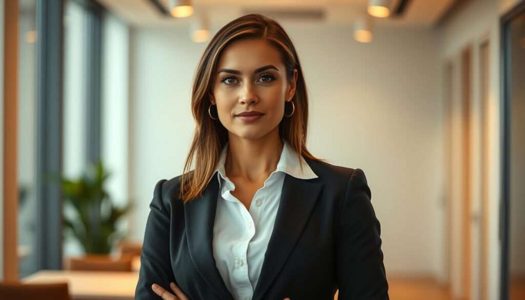 A professional woman in a business attire stands confidently, her expression conveying a sense of determination and purpose. The lighting is warm and directional, creating depth and highlighting the subject's features. The background is a modern, minimalist office setting, with clean lines and neutral colors that don't distract from the central figure. The overall mood is one of transition and empowerment, reflecting the subject's professional transformation. A professional woman in a business attire stands confidently, her expression conveying a sense of determination and purpose. The lighting is warm and directional, creating depth and highlighting the subject's features. The background is a modern, minimalist office setting, with clean lines and neutral colors that don't distract from the central figure. The overall mood is one of transition and empowerment, reflecting the subject's professional transformation.