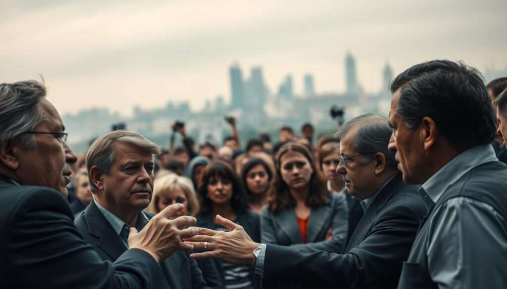 A scene depicting the political consequences of a ruling coalition. In the foreground, a group of politicians engaged in heated debate, their faces etched with expressions of tension and discord. In the middle ground, a crowd of concerned citizens, their body language reflecting a sense of unease and uncertainty. In the background, a blurred cityscape, conveying the broader societal impact of the political dynamics. Soft, muted lighting casts an air of gravity and seriousness, while a narrow depth of field draws the viewer's attention to the central drama unfolding. The overall mood is one of political turmoil and the far-reaching implications of the governing coalition's decisions. A scene depicting the political consequences of a ruling coalition. In the foreground, a group of politicians engaged in heated debate, their faces etched with expressions of tension and discord. In the middle ground, a crowd of concerned citizens, their body language reflecting a sense of unease and uncertainty. In the background, a blurred cityscape, conveying the broader societal impact of the political dynamics. Soft, muted lighting casts an air of gravity and seriousness, while a narrow depth of field draws the viewer's attention to the central drama unfolding. The overall mood is one of political turmoil and the far-reaching implications of the governing coalition's decisions.