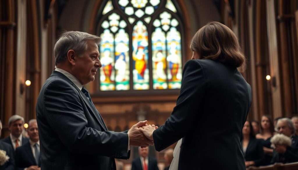 A solemn politician stands at the altar, exchanging vows with a woman by his side. The church's stained-glass windows cast a warm, ethereal glow over the scene, as the couple's clasped hands symbolize the profound impact this union will have on their lives. In the background, a crowd of onlookers, their faces a mix of anticipation and curiosity, hint at the public scrutiny the couple will face. The lighting is soft and natural, creating a sense of intimacy and reverence. The camera angle is slightly elevated, conveying the gravity and significance of this moment in the politician's personal and professional journey. A solemn politician stands at the altar, exchanging vows with a woman by his side. The church's stained-glass windows cast a warm, ethereal glow over the scene, as the couple's clasped hands symbolize the profound impact this union will have on their lives. In the background, a crowd of onlookers, their faces a mix of anticipation and curiosity, hint at the public scrutiny the couple will face. The lighting is soft and natural, creating a sense of intimacy and reverence. The camera angle is slightly elevated, conveying the gravity and significance of this moment in the politician's personal and professional journey.