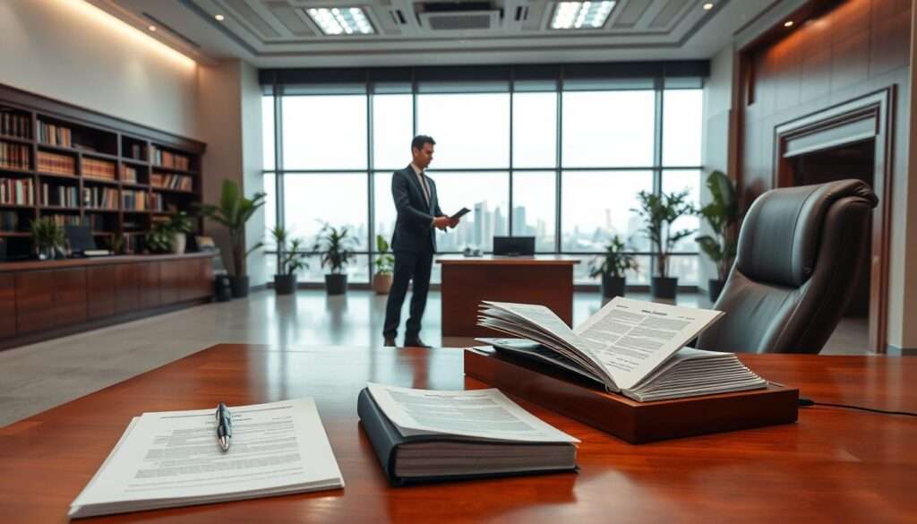 A spacious, well-lit government office interior with a large wooden desk and a chair in the foreground. On the desk, a laptop, a pen, and an open folder with official-looking documents. In the middle ground, a person in formal attire standing and signing paperwork. The background features shelves of books, potted plants, and a large window overlooking a city skyline. The overall atmosphere conveys a sense of professionalism and bureaucratic efficiency during the process of membership registration.