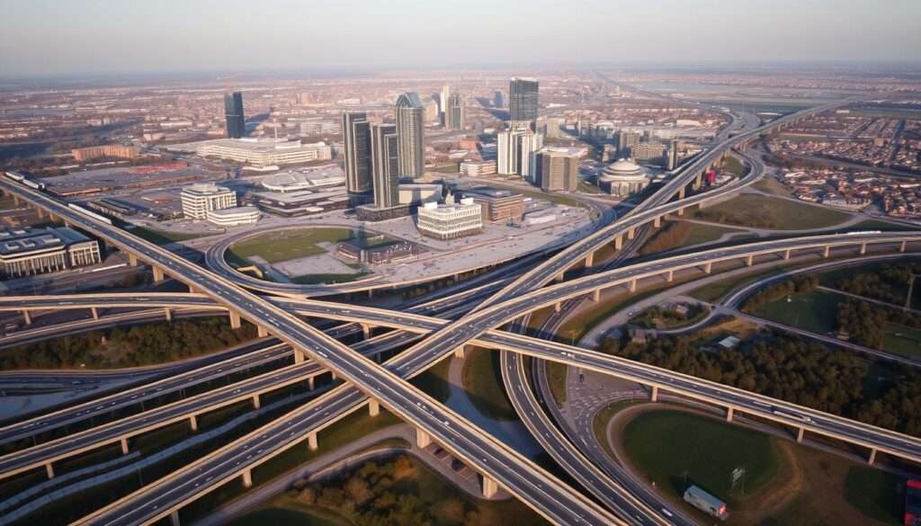A sprawling aerial view of Szczecin's bustling infrastructure projects, bathed in warm golden light. In the foreground, a network of newly constructed highways and bridges gracefully traversing the city's landscape. In the middle ground, state-of-the-art public transportation hubs and gleaming, modern office buildings rise up, reflecting the city's progress. The background reveals a cityscape dotted with cranes and construction sites, signifying the ongoing transformation and development that is revitalizing Szczecin. The scene conveys a sense of progress, modernity, and civic pride, capturing the tangible results of the city's leadership and vision.