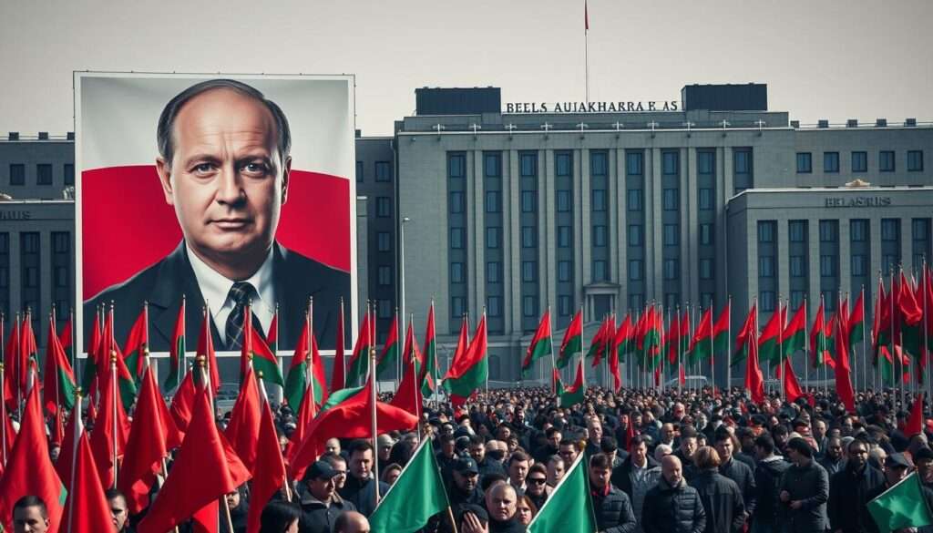 A stark, authoritarian landscape of Belarus. In the foreground, a large billboard displays a stern, unsmiling portrait of President Lukashenko, his gaze piercing and uncompromising. The billboard is flanked by rows of red and green flags, the colors of the Belarusian state. In the middle ground, a crowd of people march in lockstep, their faces obscured by the waving flags. The background is dominated by grey, monolithic government buildings, their windows dark and foreboding. The entire scene is bathed in a harsh, unyielding light, casting long shadows and creating a sense of tension and control. The mood is one of rigid, state-sponsored propaganda, where the individual is subsumed by the collective power of the regime. A stark, authoritarian landscape of Belarus. In the foreground, a large billboard displays a stern, unsmiling portrait of President Lukashenko, his gaze piercing and uncompromising. The billboard is flanked by rows of red and green flags, the colors of the Belarusian state. In the middle ground, a crowd of people march in lockstep, their faces obscured by the waving flags. The background is dominated by grey, monolithic government buildings, their windows dark and foreboding. The entire scene is bathed in a harsh, unyielding light, casting long shadows and creating a sense of tension and control. The mood is one of rigid, state-sponsored propaganda, where the individual is subsumed by the collective power of the regime.