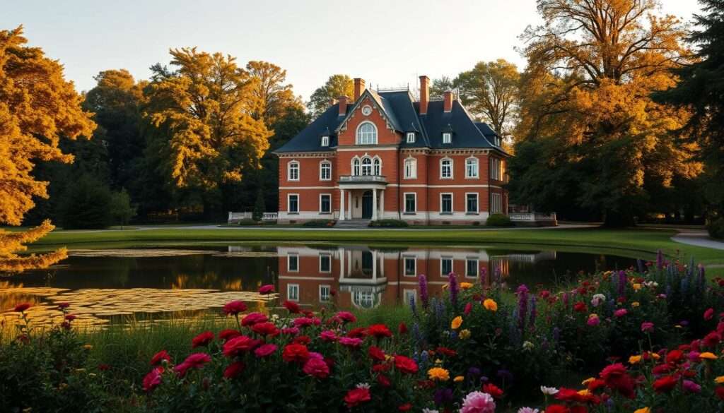 A stately dworek (manor house) nestled amidst lush greenery, its timeless elegance reflected in the tranquil pond before it. Warm golden light bathes the red-brick facade, casting soft shadows that highlight its decorative features. Towering trees line the perimeter, their branches swaying gently in the breeze. In the foreground, a well-tended garden bursts with vibrant flowers, framing the dworek's serene setting. This picturesque scene captures the essence of Jan Sikorski's ancestral home, a testament to his family's rich heritage.
