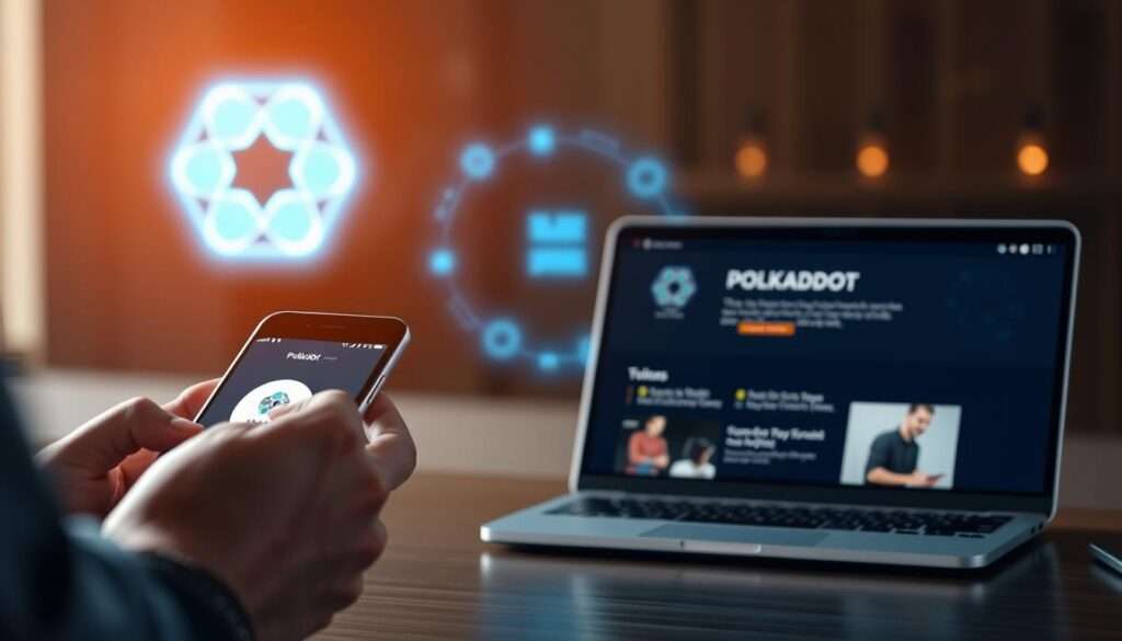A step-by-step process of purchasing Polkadot cryptocurrency. In the foreground, a person's hand interacts with a smartphone, navigating through a secure digital wallet interface. The middle ground features a laptop displaying the Polkadot website, highlighting the token's key features. In the background, a holographic Polkadot logo floats, emanating a soft, blue-hued glow, creating a futuristic, high-tech atmosphere. The lighting is a mix of warm and cool tones, emphasizing the digital nature of the transaction. The camera angle is slightly elevated, giving a sense of authority and professionalism to the scene.