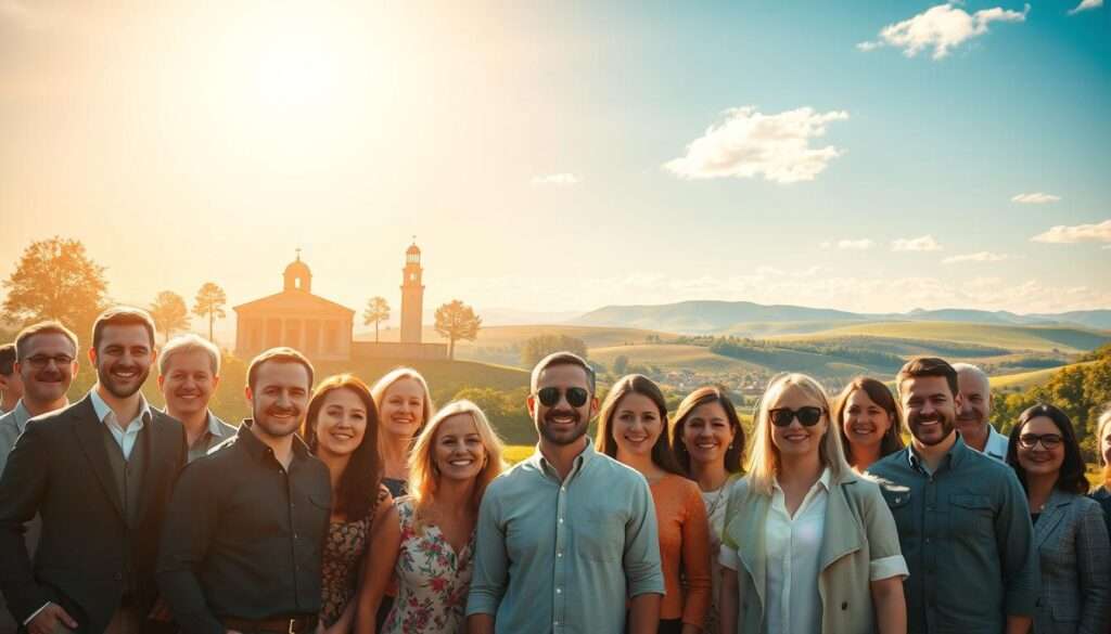 A sunlit, uplifting scene depicting the benefits of Polish political party membership. In the foreground, a group of diverse, smiling individuals stand together, conveying a sense of unity and community. The middle ground features abstract representations of security, stability, and opportunity, such as a sturdy, well-maintained building or a flourishing garden. The background showcases a serene, idyllic landscape with rolling hills and a clear, blue sky, symbolizing the prosperity and progress associated with party membership. The lighting is warm and inviting, creating a feeling of optimism and inspiration. The overall composition and atmosphere evoke a powerful, positive message about the advantages of joining the party.