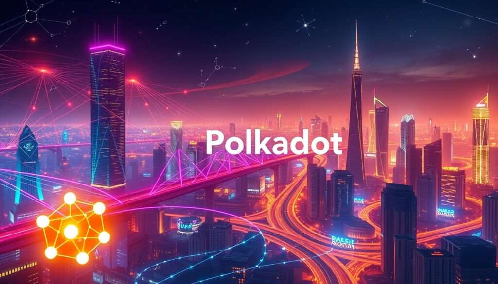 A vibrant visualization of the benefits of Polkadot investment. A radiant blockchain network depicted as a futuristic cityscape, with towering data towers and interconnected bridges symbolizing interoperability. In the foreground, a glowing Polkadot logo casts a warm glow, representing the project's core utility. The middle ground features active traders and developers, collaborating within a transparent and secure ecosystem. The background showcases a bustling, technologically-advanced metropolis, alluding to Polkadot's potential to power the decentralized web of the future. Lighting is a balance of natural and artificial sources, creating a dynamic, immersive atmosphere. The overall mood is one of optimism, innovation, and the promise of a decentralized digital landscape.