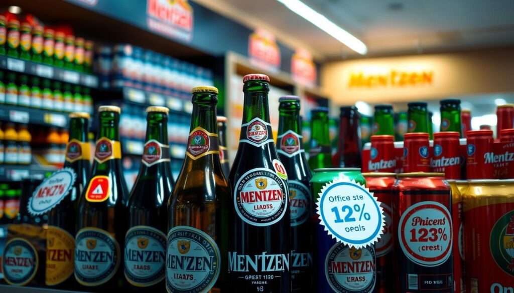 A vibrant, well-lit display showcasing an array of beer bottles and cans, prominently featuring the Mentzen brand. The foreground showcases several Mentzen products at the center, arranged in an eye-catching, promotional layout, with various promotional tags and discount stickers overlaid. The middle ground features a clean, modern supermarket or liquor store shelving system, with additional Mentzen products neatly displayed. The background has a slightly blurred, but warm and inviting atmosphere, suggesting a welcoming retail environment. The overall composition and lighting creates a sense of excitement and deals, drawing the viewer's attention to the Mentzen brand and its current promotional offerings.