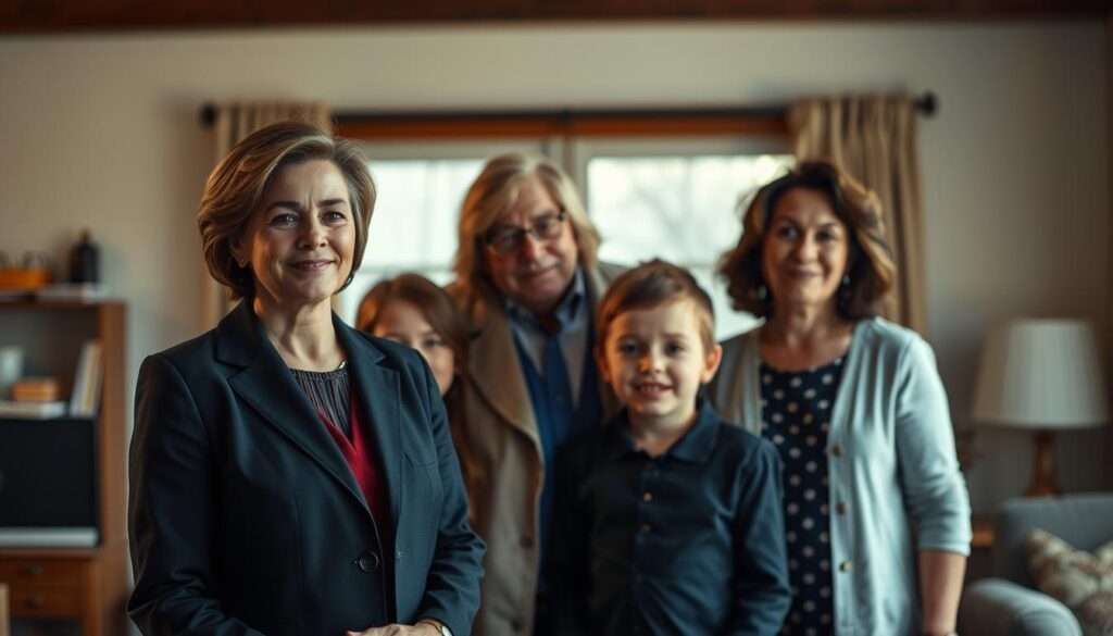 A warm, family-centric scene depicting the role of family in shaping a political figure's public image. In the foreground, a well-dressed politician, likely a woman, stands with a loving, close-knit family - spouse, children, and perhaps extended relatives - conveying a sense of stability, values, and approachability. The lighting is soft and inviting, highlighting the family's bond. The background features a blend of professional and personal elements, such as a home interior or modest political office, suggesting the intertwining of family and public life. The overall composition suggests the importance of family in crafting a relatable, trustworthy political persona. A warm, family-centric scene depicting the role of family in shaping a political figure's public image. In the foreground, a well-dressed politician, likely a woman, stands with a loving, close-knit family - spouse, children, and perhaps extended relatives - conveying a sense of stability, values, and approachability. The lighting is soft and inviting, highlighting the family's bond. The background features a blend of professional and personal elements, such as a home interior or modest political office, suggesting the intertwining of family and public life. The overall composition suggests the importance of family in crafting a relatable, trustworthy political persona.