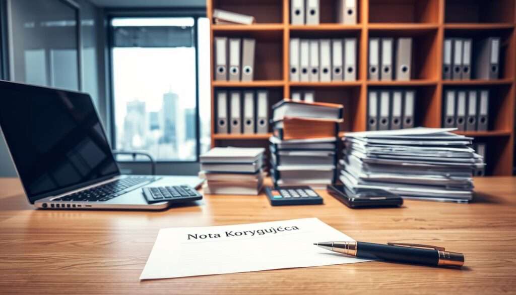 A well-lit office setting, with a wooden desk in the foreground. On the desk, a laptop, a pen, and a document labeled "Nota Korygująca" (Corrective Note). In the middle ground, a stack of files and a calculator, suggesting an accounting or administrative context. The background features shelves filled with binders and a window overlooking a cityscape, conveying a professional, corporate atmosphere. The overall scene reflects the process of issuing a corrective note, with a focus on the necessary tools and documents required for this task. A well-lit office setting, with a wooden desk in the foreground. On the desk, a laptop, a pen, and a document labeled "Nota Korygująca" (Corrective Note). In the middle ground, a stack of files and a calculator, suggesting an accounting or administrative context. The background features shelves filled with binders and a window overlooking a cityscape, conveying a professional, corporate atmosphere. The overall scene reflects the process of issuing a corrective note, with a focus on the necessary tools and documents required for this task.