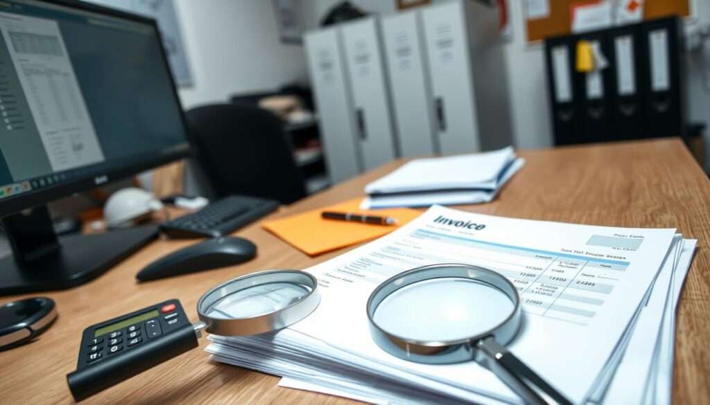 A well-lit office workspace with a desk, computer, and various office supplies. In the foreground, a stack of invoices and a magnifying glass, emphasizing the close inspection of financial documents. The middle ground features a digital calculator, a pen, and a folder, suggesting the tools used to verify invoice accuracy. The background showcases a filing cabinet and a bulletin board, hinting at the broader organizational context of invoice management. The overall scene conveys a professional, focused, and meticulous atmosphere, reflecting the attention to detail required for avoiding invoice errors. A well-lit office workspace with a desk, computer, and various office supplies. In the foreground, a stack of invoices and a magnifying glass, emphasizing the close inspection of financial documents. The middle ground features a digital calculator, a pen, and a folder, suggesting the tools used to verify invoice accuracy. The background showcases a filing cabinet and a bulletin board, hinting at the broader organizational context of invoice management. The overall scene conveys a professional, focused, and meticulous atmosphere, reflecting the attention to detail required for avoiding invoice errors.