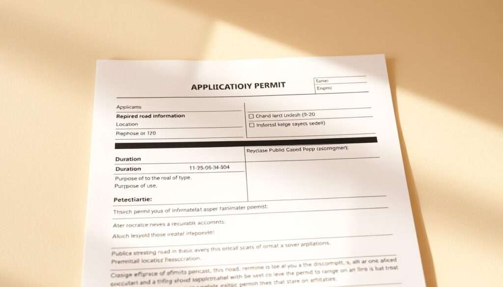 A well-organized application form for a public road occupancy permit, with clear sections for applicant information, location and duration details, purpose of use, and required attachments. The form is set against a neutral, professional background, illuminated by warm, natural lighting that conveys a sense of administrative clarity and efficiency. The layout is clean and uncluttered, with subtle grid lines guiding the eye through the document. The overall mood is one of straightforward, bureaucratic process - a necessary step towards successfully navigating the public road infrastructure.