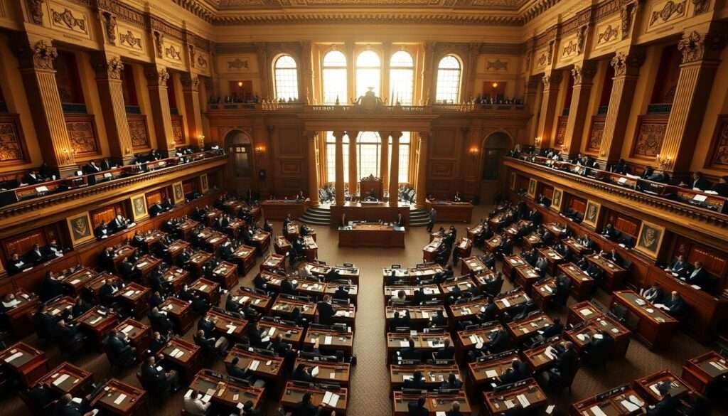 A wide, high-resolution image of the Polish Sejm (parliament) chamber, captured from an elevated angle. The chamber is filled with numerous lawmakers seated at their desks, engaged in lively debate and discussion. Warm, natural lighting filters through the large windows, casting a soft glow over the scene. The architecture features ornate details and columns, conveying a sense of grandeur and history. The atmosphere is one of focused, serious deliberation, with the lawmakers intently examining documents and conversing with their colleagues. The overall impression is of the Sejm as a hub of democratic activity, where the representatives of the Polish people gather to make important decisions. A wide, high-resolution image of the Polish Sejm (parliament) chamber, captured from an elevated angle. The chamber is filled with numerous lawmakers seated at their desks, engaged in lively debate and discussion. Warm, natural lighting filters through the large windows, casting a soft glow over the scene. The architecture features ornate details and columns, conveying a sense of grandeur and history. The atmosphere is one of focused, serious deliberation, with the lawmakers intently examining documents and conversing with their colleagues. The overall impression is of the Sejm as a hub of democratic activity, where the representatives of the Polish people gather to make important decisions.