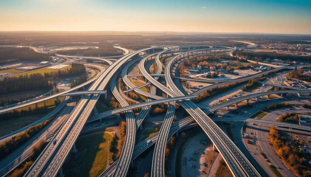 An expansive aerial view of Poland's sprawling infrastructure projects, captured through a wide-angle lens. In the foreground, a network of gleaming highways and high-speed rail lines carves through the landscape, while towering bridges and interchanges connect the urban centers. The midground features bustling construction sites, cranes, and machinery as new roads, bridges, and railways take shape. In the distance, the backdrop showcases the country's diverse terrain, with rolling hills, forests, and idyllic villages. The scene conveys a sense of progress and modernization, with a focus on the government's ambitious efforts to improve the nation's transportation and connectivity. The lighting is warm and golden, evoking a sense of optimism and prosperity. An expansive aerial view of Poland's sprawling infrastructure projects, captured through a wide-angle lens. In the foreground, a network of gleaming highways and high-speed rail lines carves through the landscape, while towering bridges and interchanges connect the urban centers. The midground features bustling construction sites, cranes, and machinery as new roads, bridges, and railways take shape. In the distance, the backdrop showcases the country's diverse terrain, with rolling hills, forests, and idyllic villages. The scene conveys a sense of progress and modernization, with a focus on the government's ambitious efforts to improve the nation's transportation and connectivity. The lighting is warm and golden, evoking a sense of optimism and prosperity.